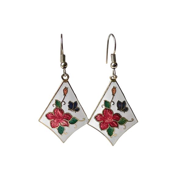 80s White Pink Cloisonné Enamel Diamond Shape Floral Motif Pierced Wire Earrings - Picture 1 of 3